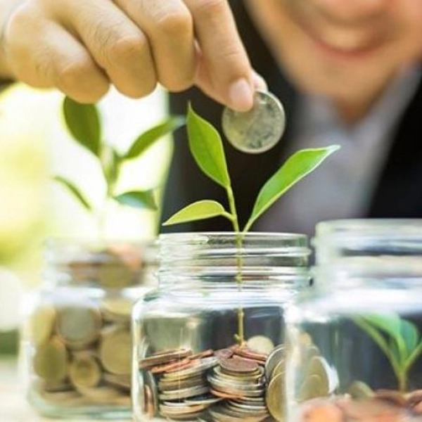 Seguro de Ahorro - Chico introduciendo monedas en tarros de cristal con brotes verdes